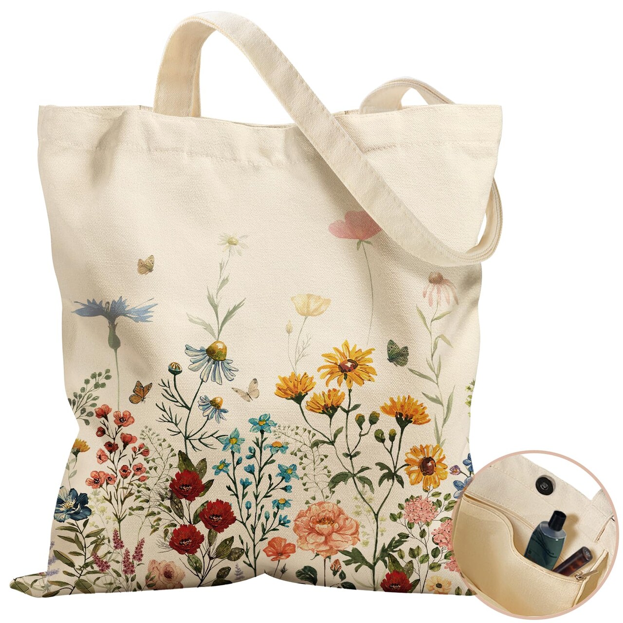 Aesthetic Tote Bag - with Magnetic Buckle and Zipper Inner Pocket for Women Lady Cloth Cotton Tote Bag for Gym, Work, Travel, Shopping, Retro Flower